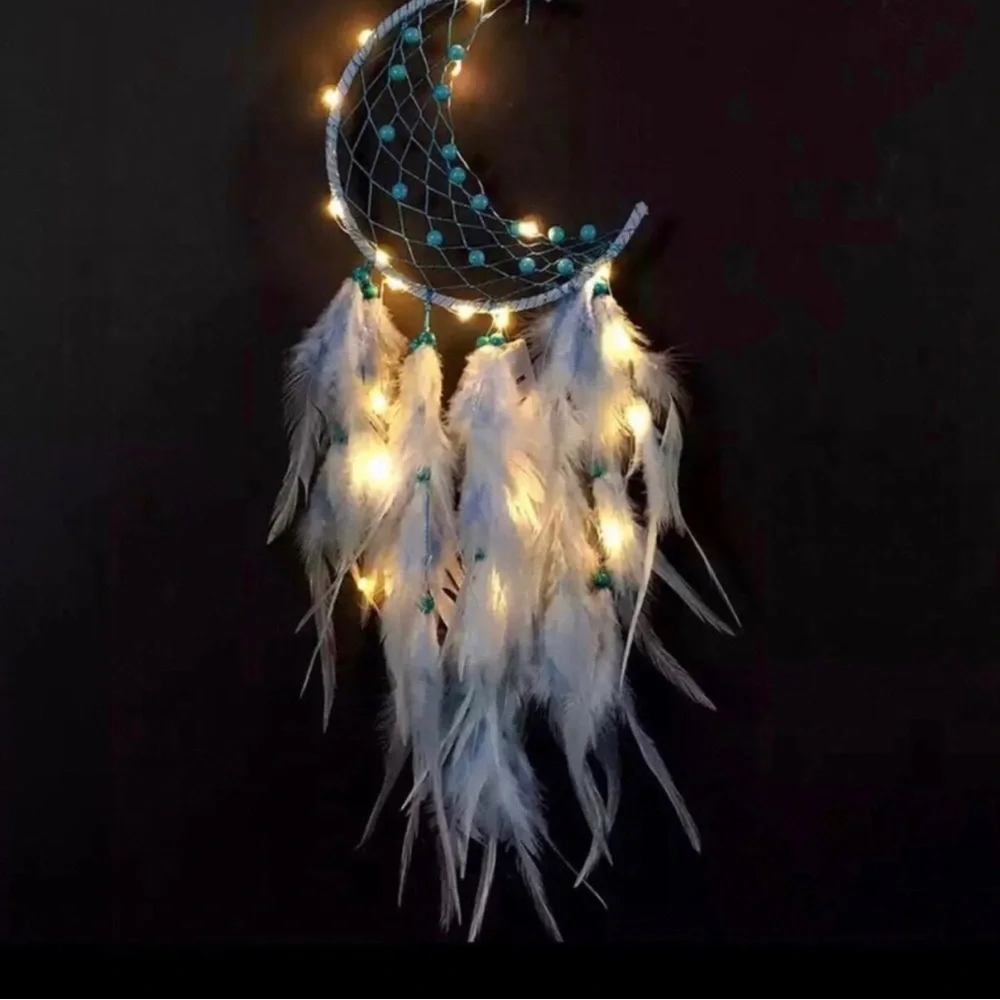 White and Blue Feather Moon Dreamcatcher Wall Hanging with LED Lights